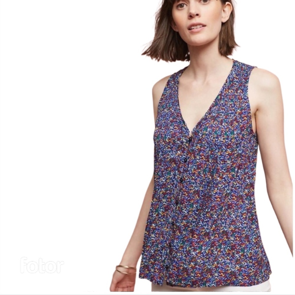 Anthropologie Maeve Lila Pintucked Pleated Button Front Sleeveless Tank Size S